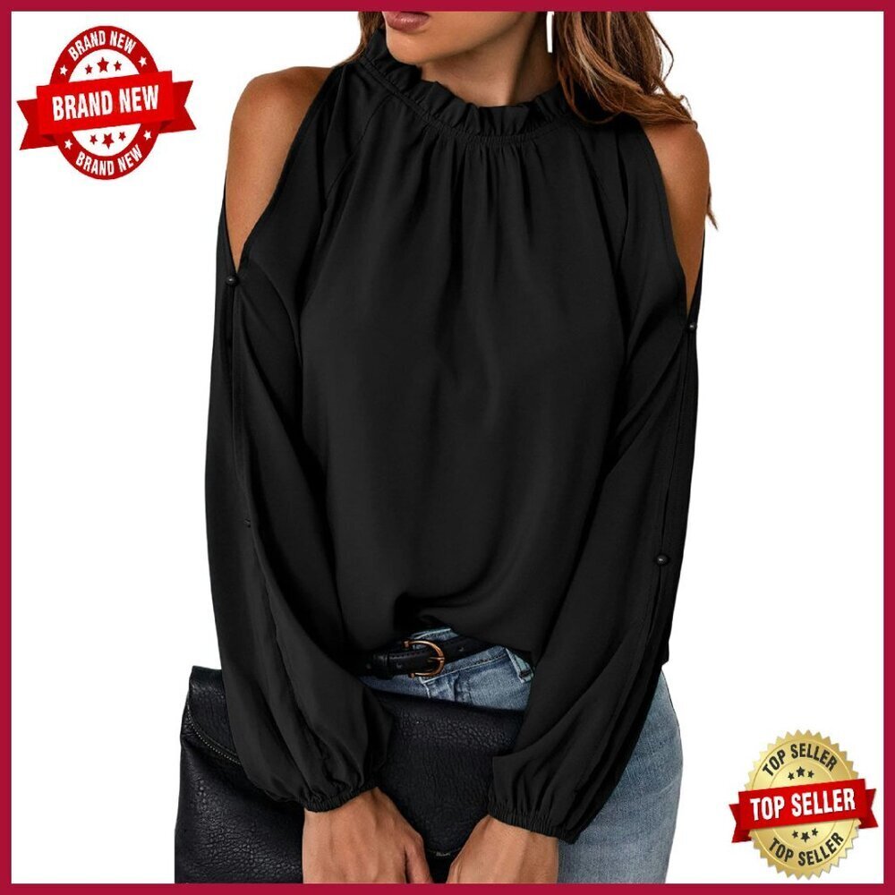 Chiffon Cold Shoulder Blouse with Ruffle Collar for Work & Casual